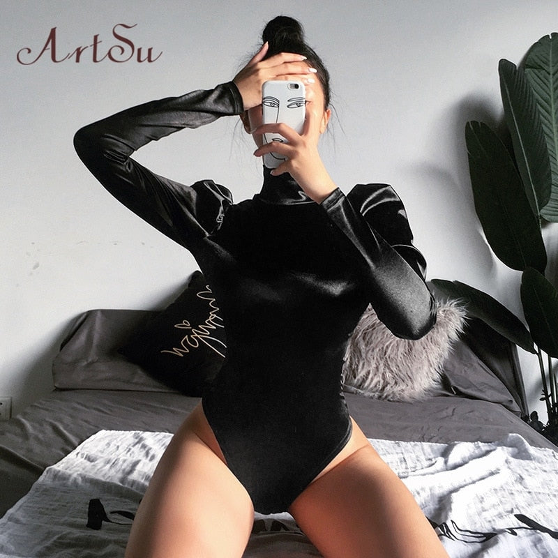 Black Satin Turtleneck Bodysuit