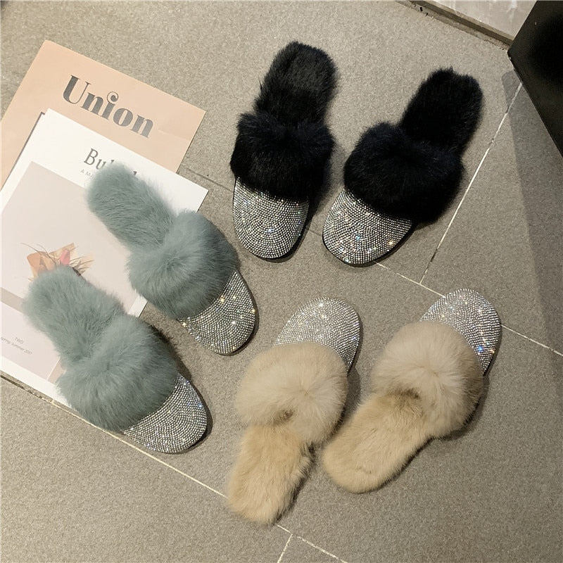 Crystal Mule Fur Slippers