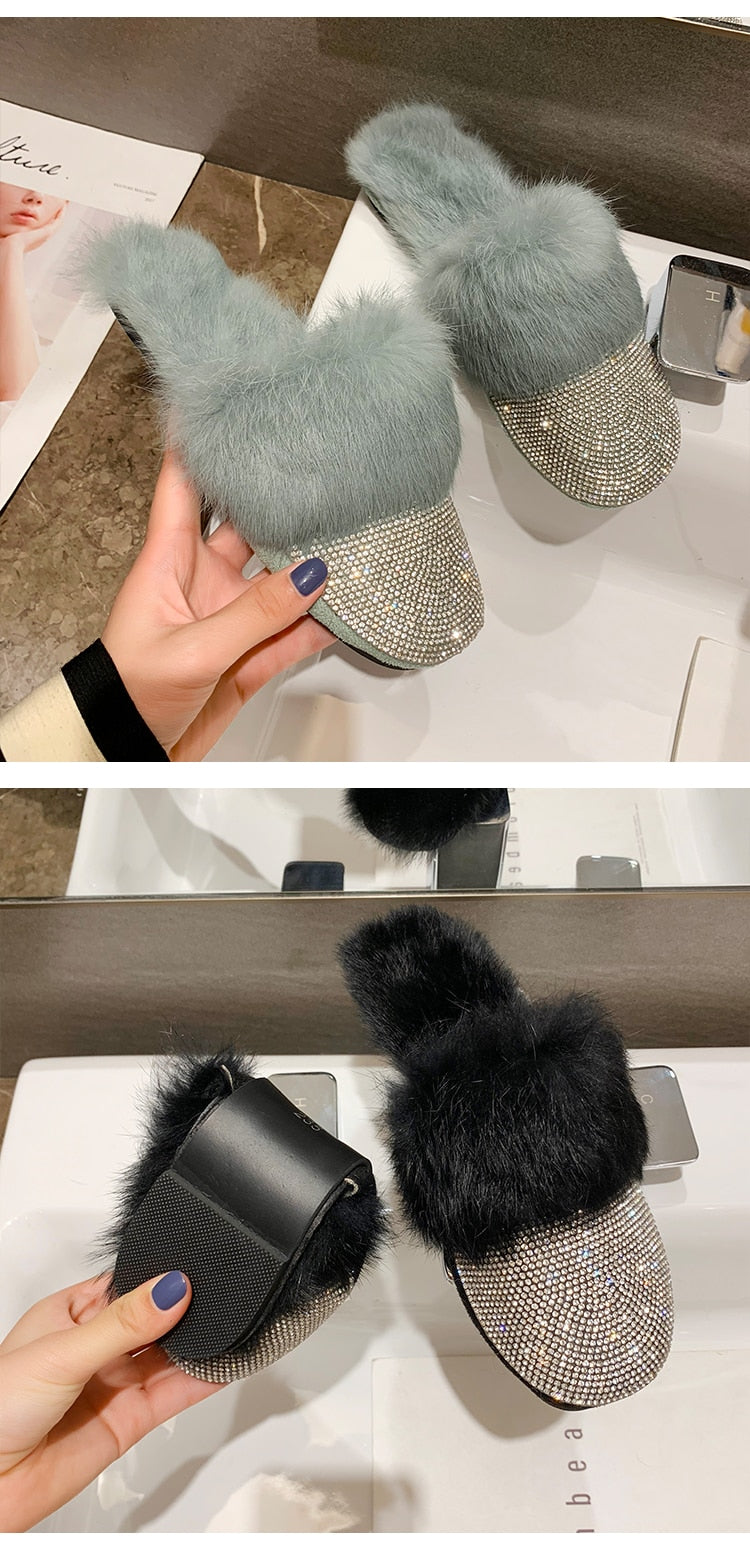 Crystal Mule Fur Slippers