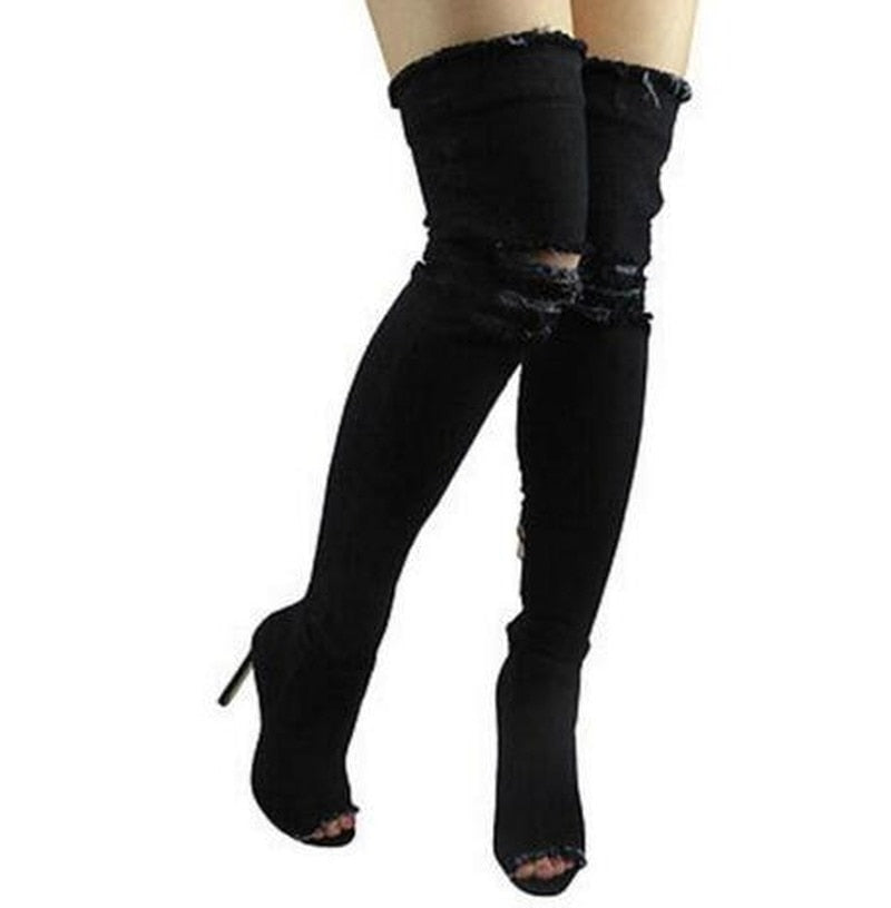 Denim High-Heel Boots