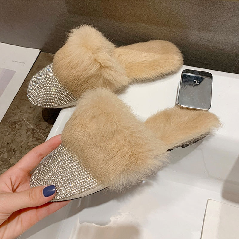 Crystal Mule Fur Slippers