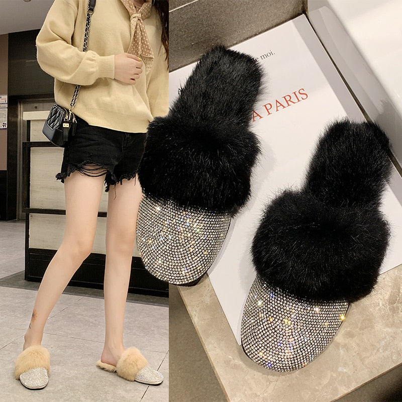 Crystal Mule Fur Slippers