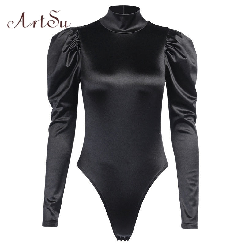 Black Satin Turtleneck Bodysuit