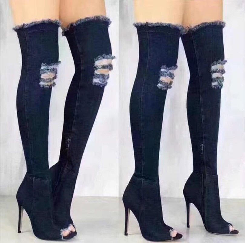 Denim High-Heel Boots