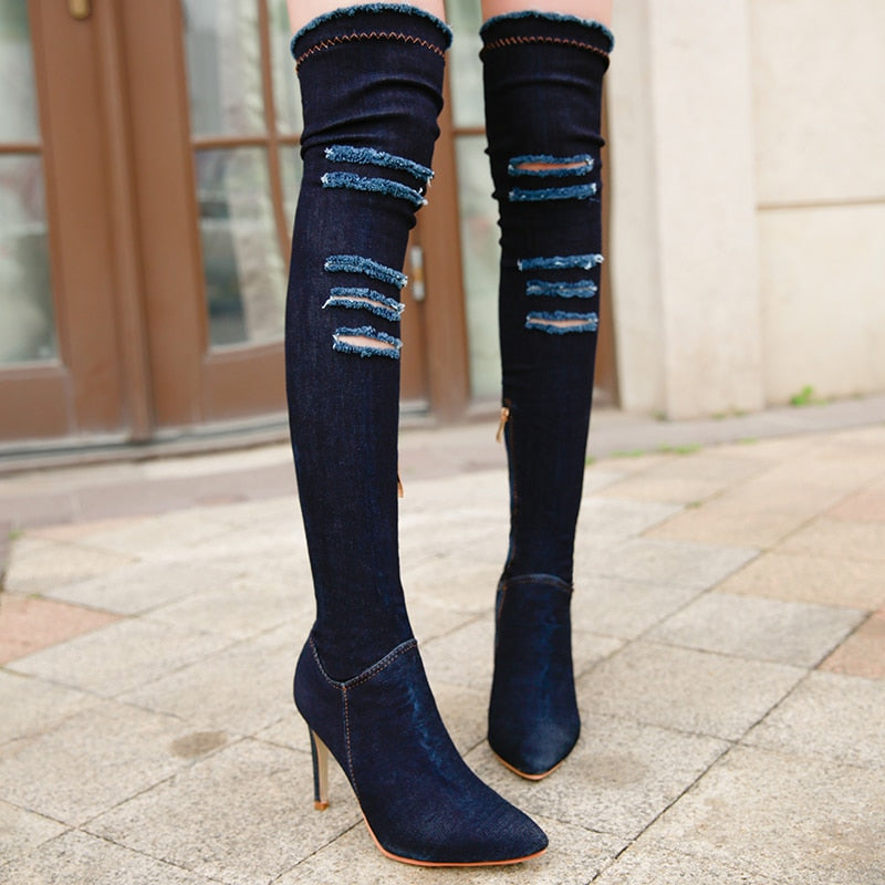 Denim High-Heel Boots