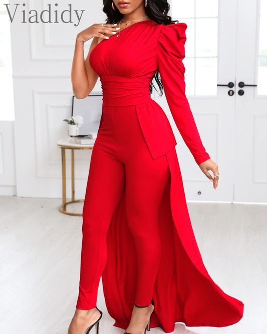 One Puff Sleeve Shoulder Red Jumpsuit