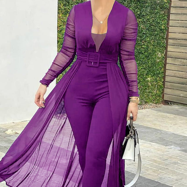 Solid Transparent V-Neck Belted Skinny Jumpsuit