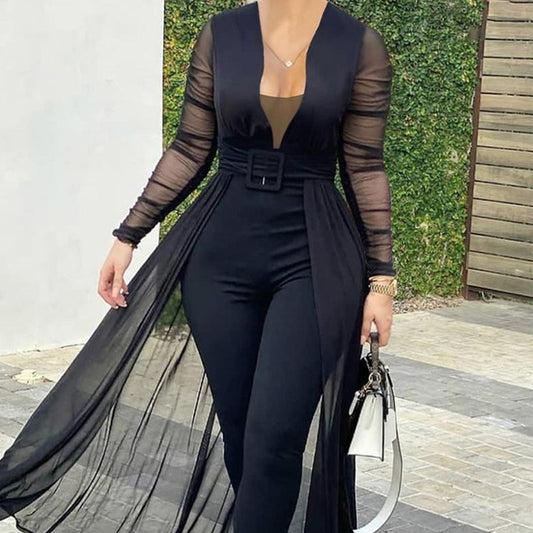 Solid Transparent V-Neck Belted Skinny Jumpsuit