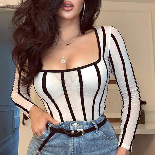 Striped White Scoop Neck Mesh Sheer