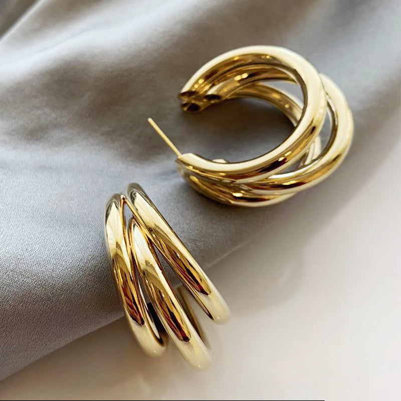 Gold and Silver Three-Layer Earrings