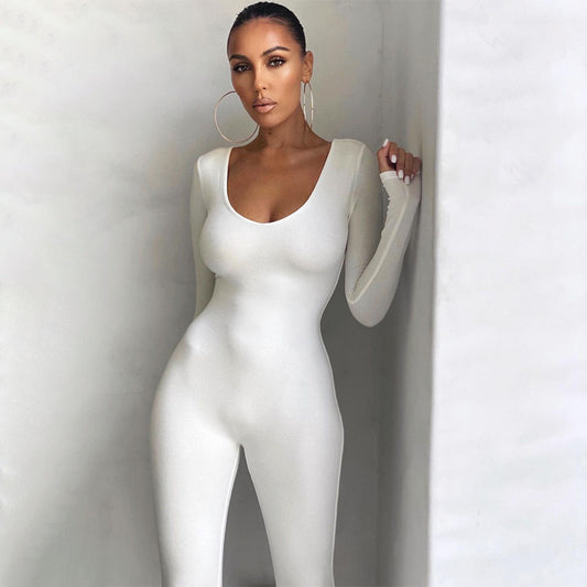 Women V Neck Bodycon Jumpsuit