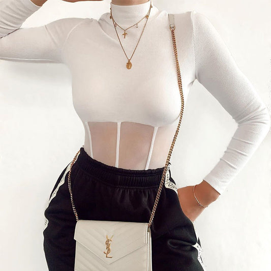 High Neck Patchwork Mesh Corset Bodysuit