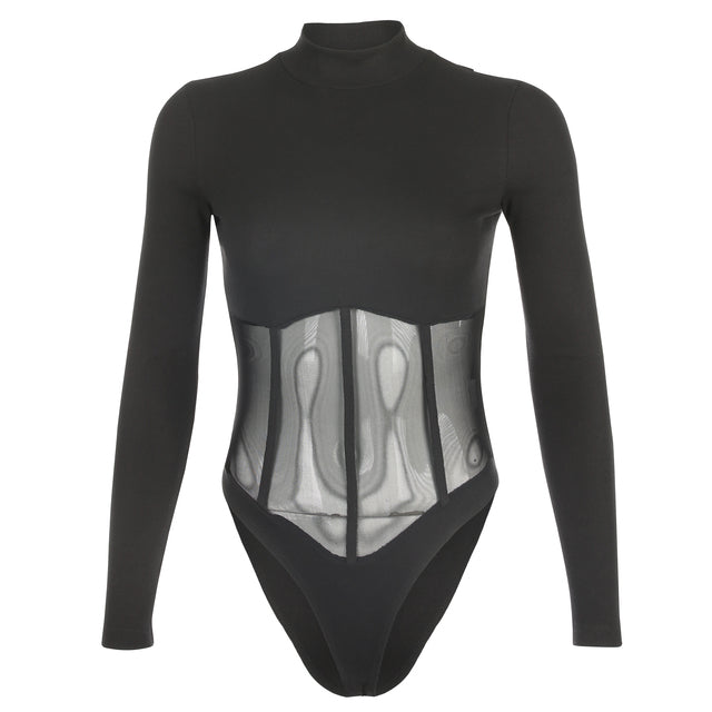 High Neck Patchwork Mesh Corset Bodysuit