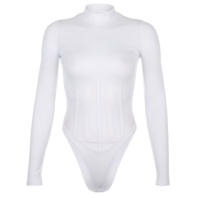 High Neck Patchwork Mesh Corset Bodysuit