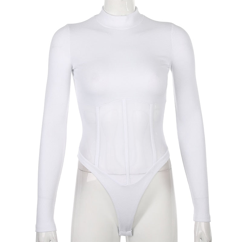 High Neck Patchwork Mesh Corset Bodysuit