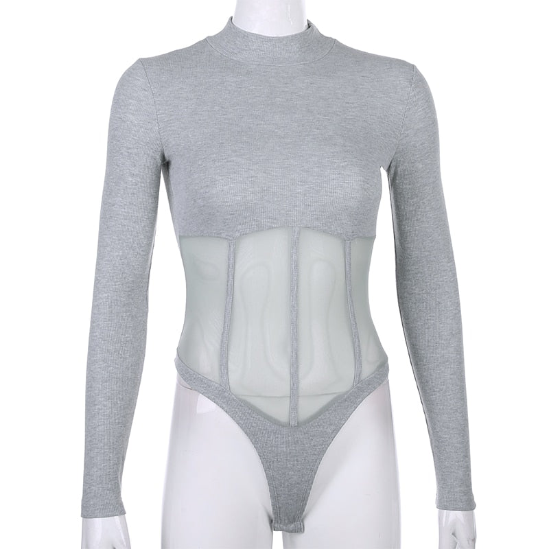 High Neck Patchwork Mesh Corset Bodysuit
