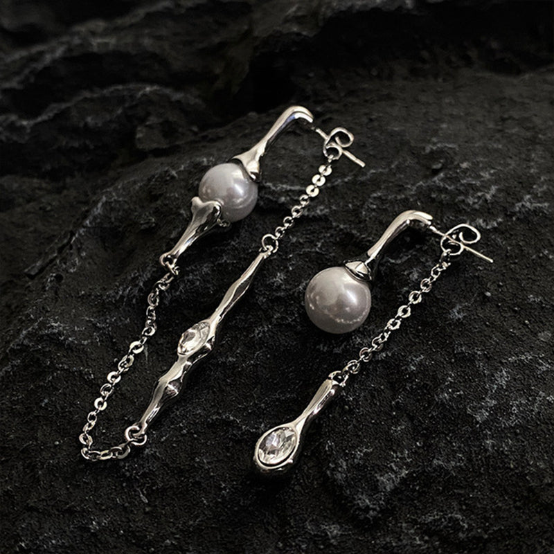 Asymmetric Long-Drop Pearl Earrings