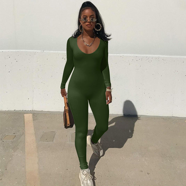 Women V Neck Bodycon Jumpsuit