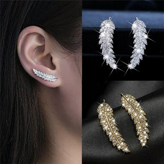 Luxury Feather Diamond Climber Earrings