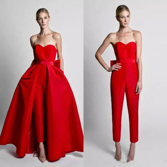 Red Jumpsuit Evening Dresses w/ Detachable Skirt