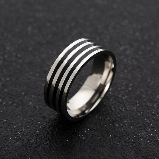 Men's Silver and Triple Black Horizontal Stainless Steel Strength Ring