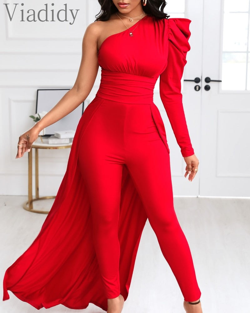 One Puff Sleeve Shoulder Red Jumpsuit