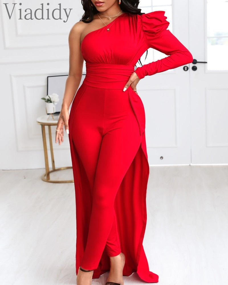 One Puff Sleeve Shoulder Red Jumpsuit