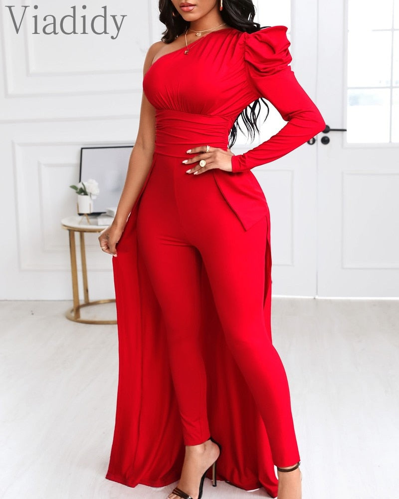 One Puff Sleeve Shoulder Red Jumpsuit