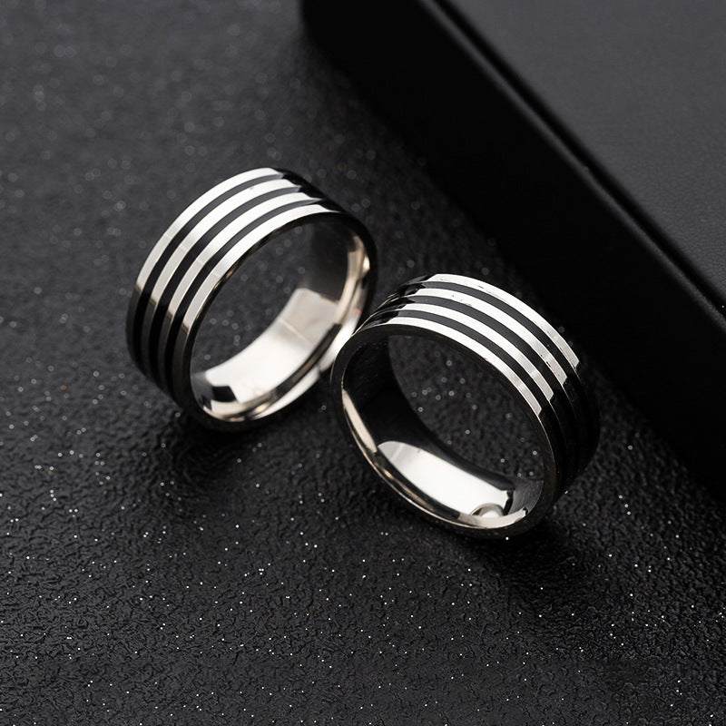 Men's Silver and Triple Black Horizontal Stainless Steel Strength Ring