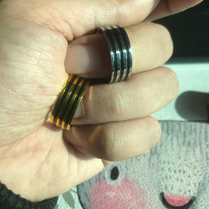 Men's Silver and Triple Black Horizontal Stainless Steel Strength Ring