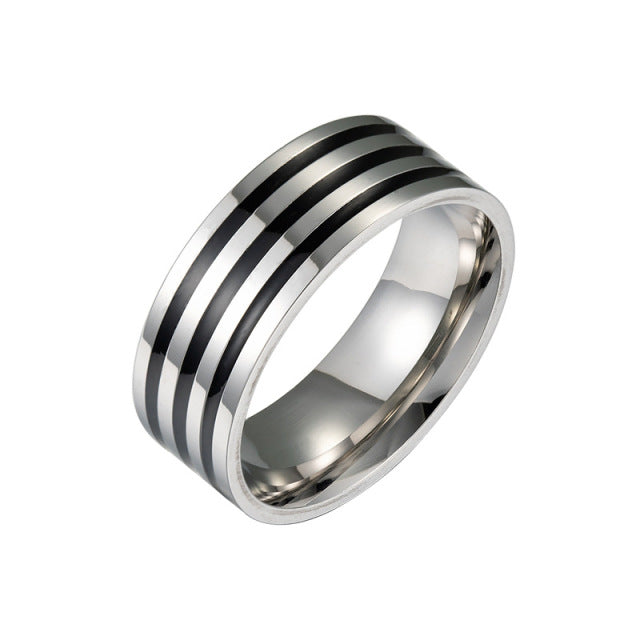 Men's Silver and Triple Black Horizontal Stainless Steel Strength Ring