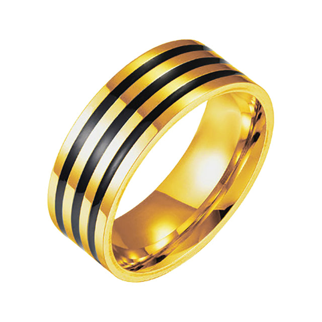 Men's Silver and Triple Black Horizontal Stainless Steel Strength Ring