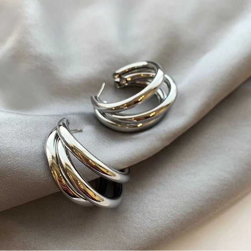 Gold and Silver Three-Layer Earrings